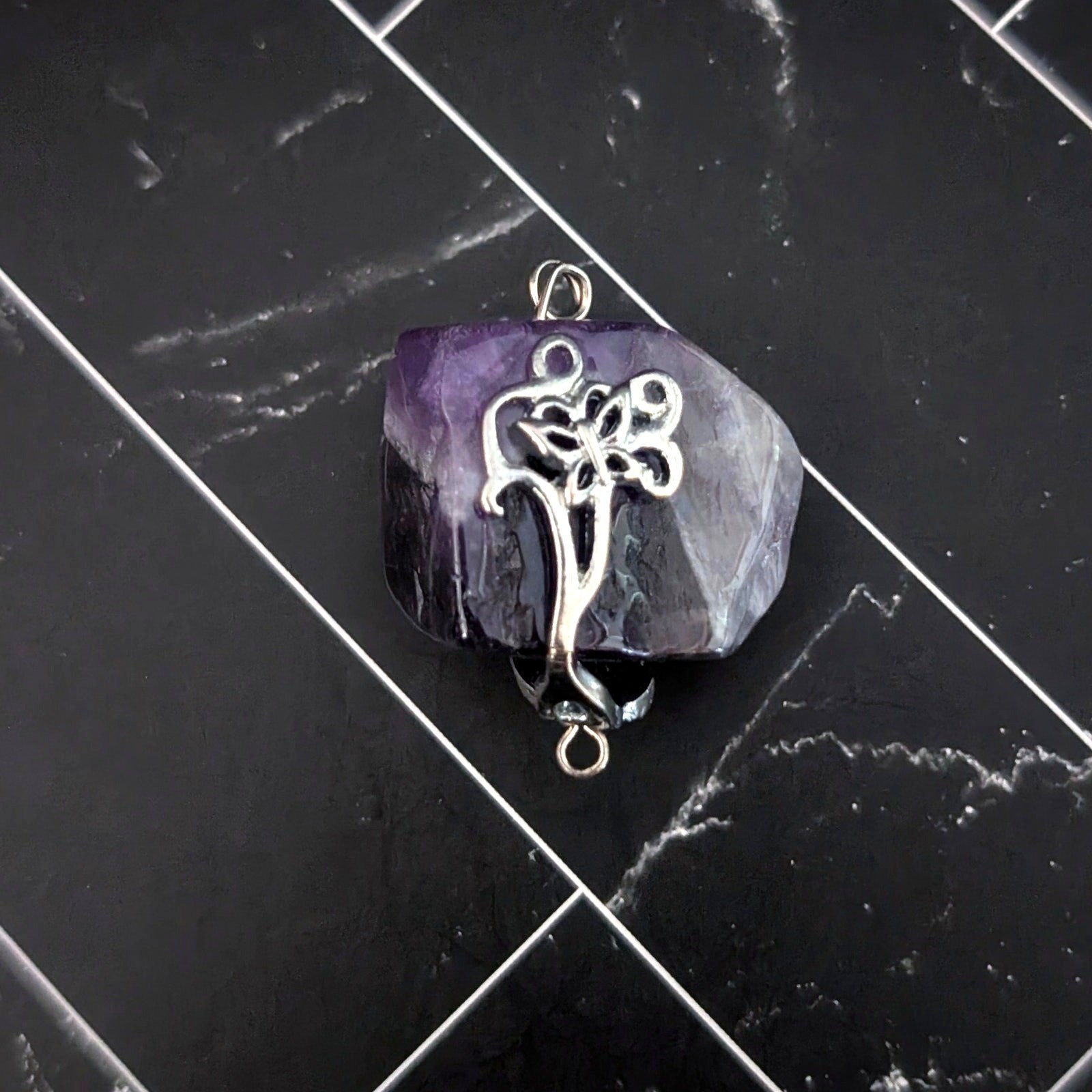 Vintage Pendant Raw Purple Stone with Silver Tone Accent – No Chain Included