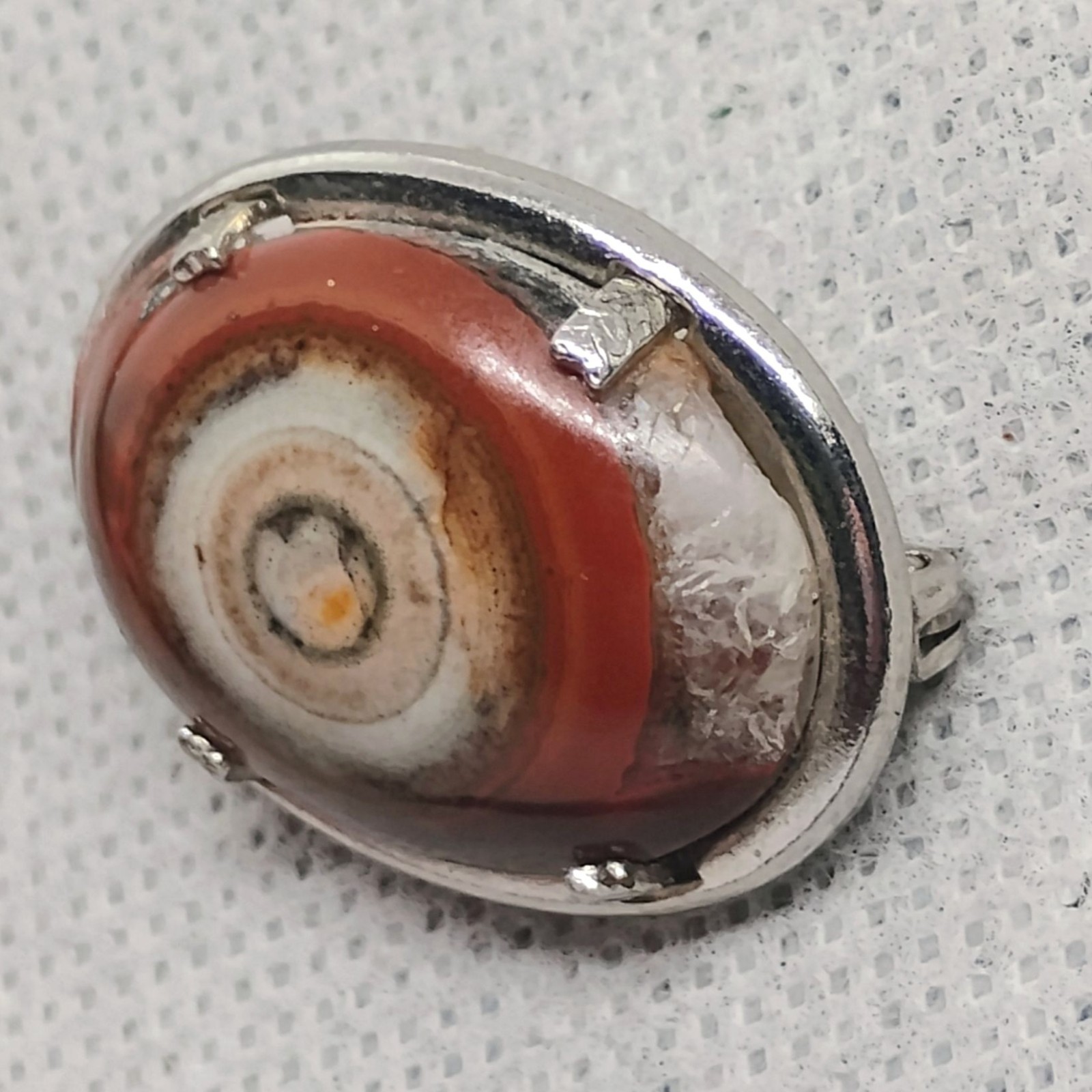 Vtg Bullseye Eye Agate Brooch Silver Tone Carnelian Orange Brown White Oval