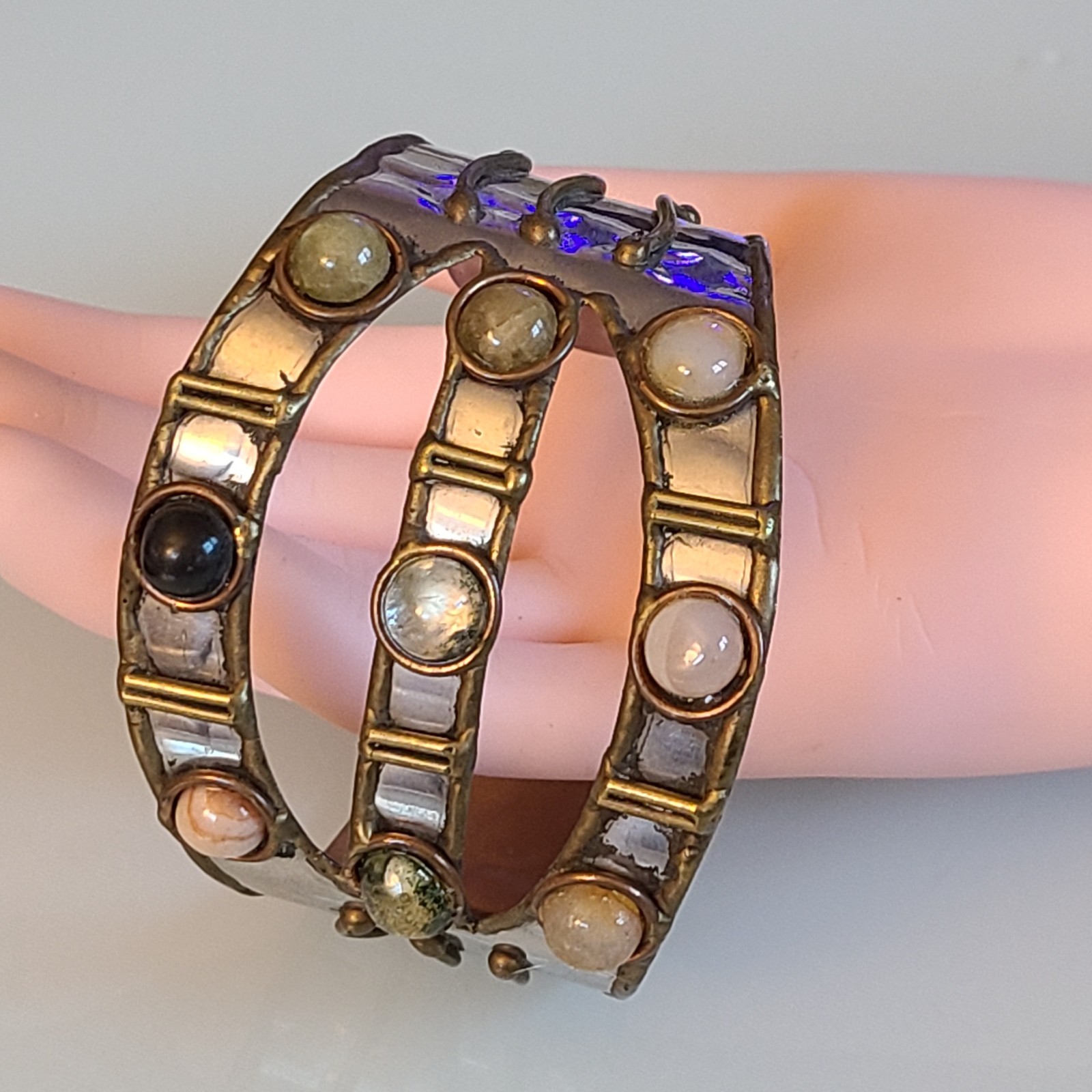 VTG Brutalist Mixed Metal Cuff Bracelet 2″ Wide Artisan Multi-Gem Statement