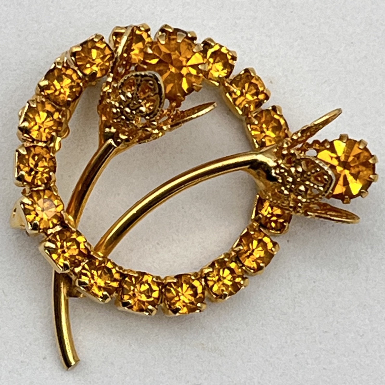 Vintage Flower Brooch Yellow Rhinestones Gold Tone Filigree 1.25″