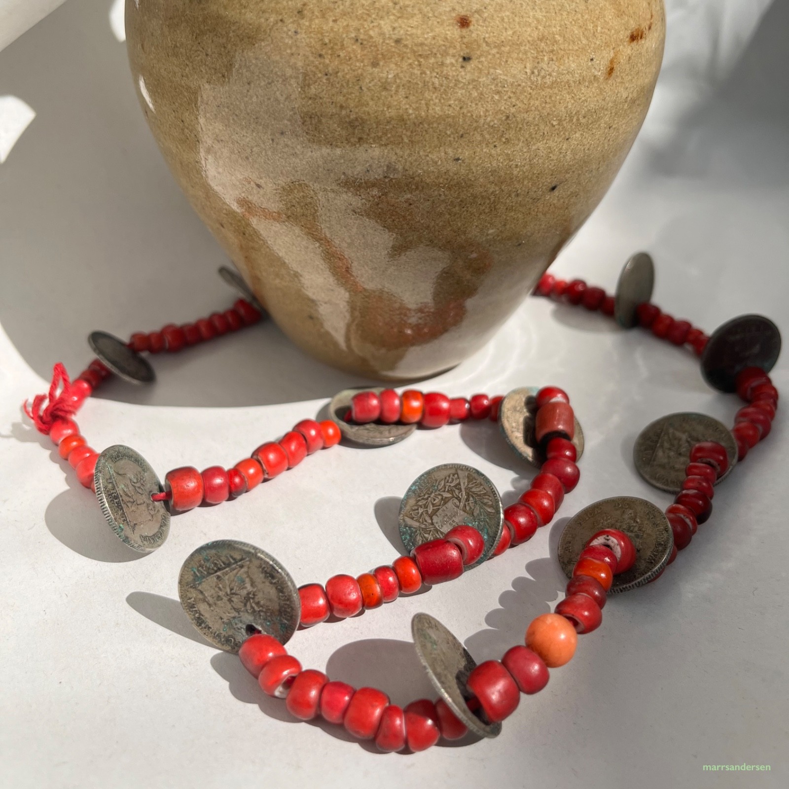 Antique Guatemalan Chachal Red Bead & Coin Necklace – Venetian Glass Handmade