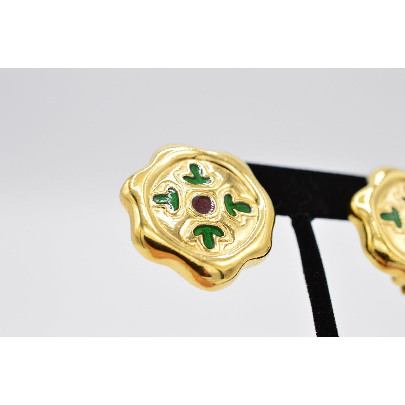 Givenchy Vintage Clip On Earrings Chunky Gold Green Red Enamel Signed 1980s BinX