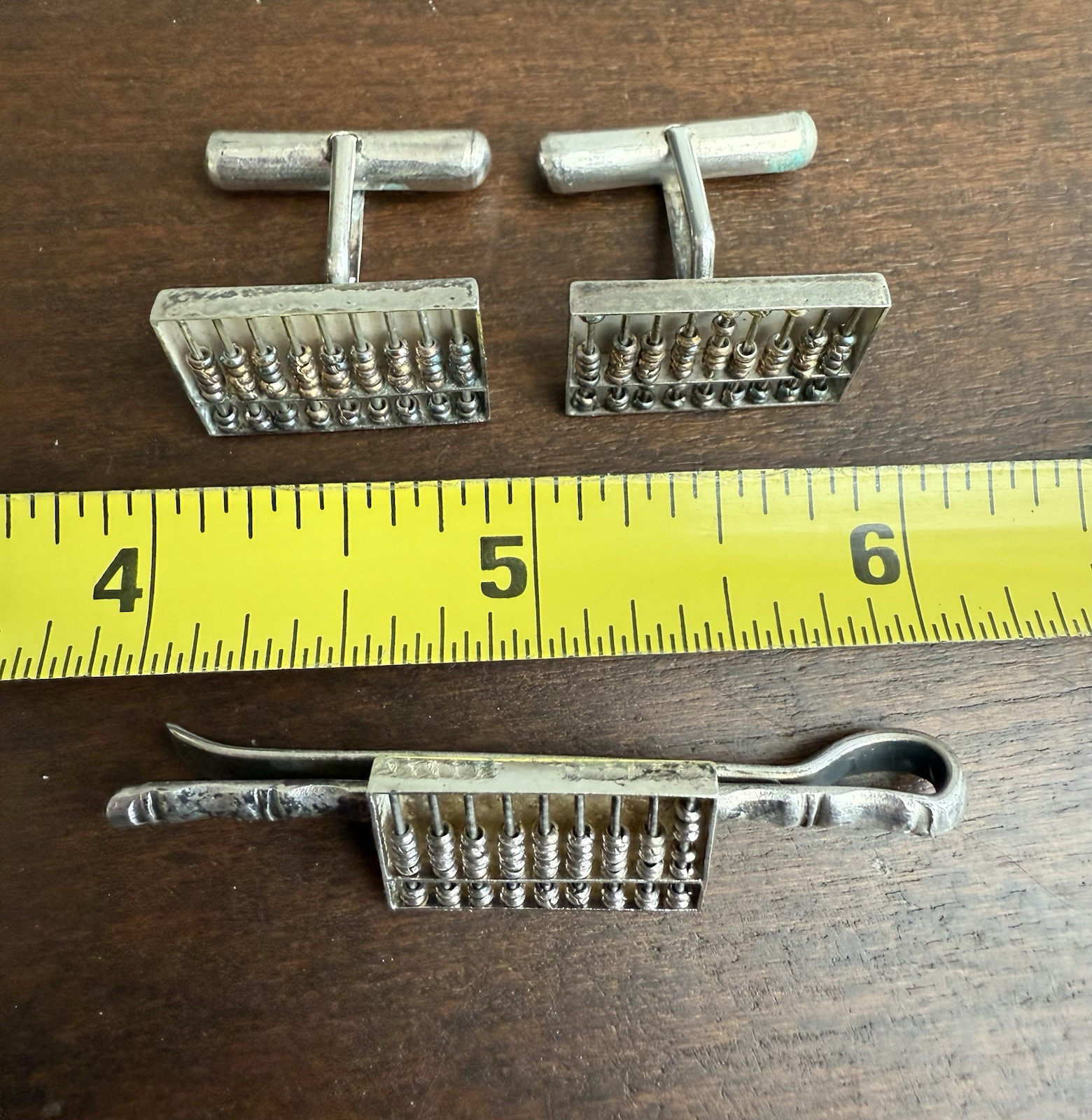 Vintage Sterling Abacus Tie Clip Cuff Links 3pc Set.Functional Abacus Hong Kong