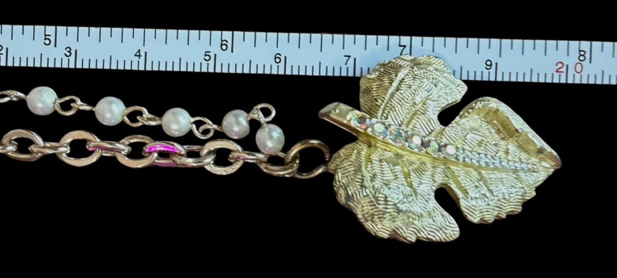 50’s Golden Leaf Collar Clip Lapel Pin With Chain Button Cover Aurora Borealis