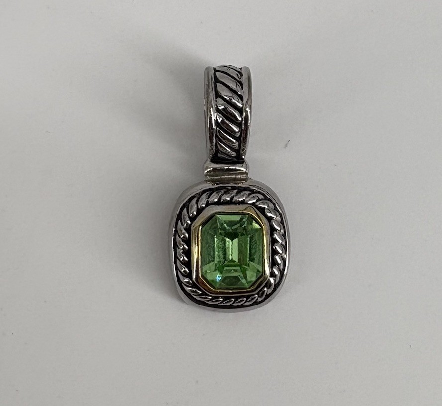 John Candice Green Gem Pendant Silver Tone Rope Border Mixed Metal Jewelry