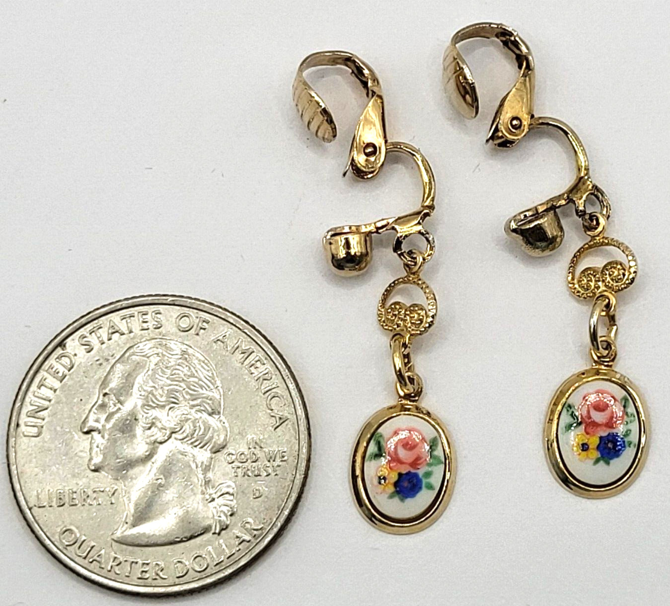 Petite Hand Painted Flowers Porcelain Gold Tone Drop Dangle Vintage Earrings