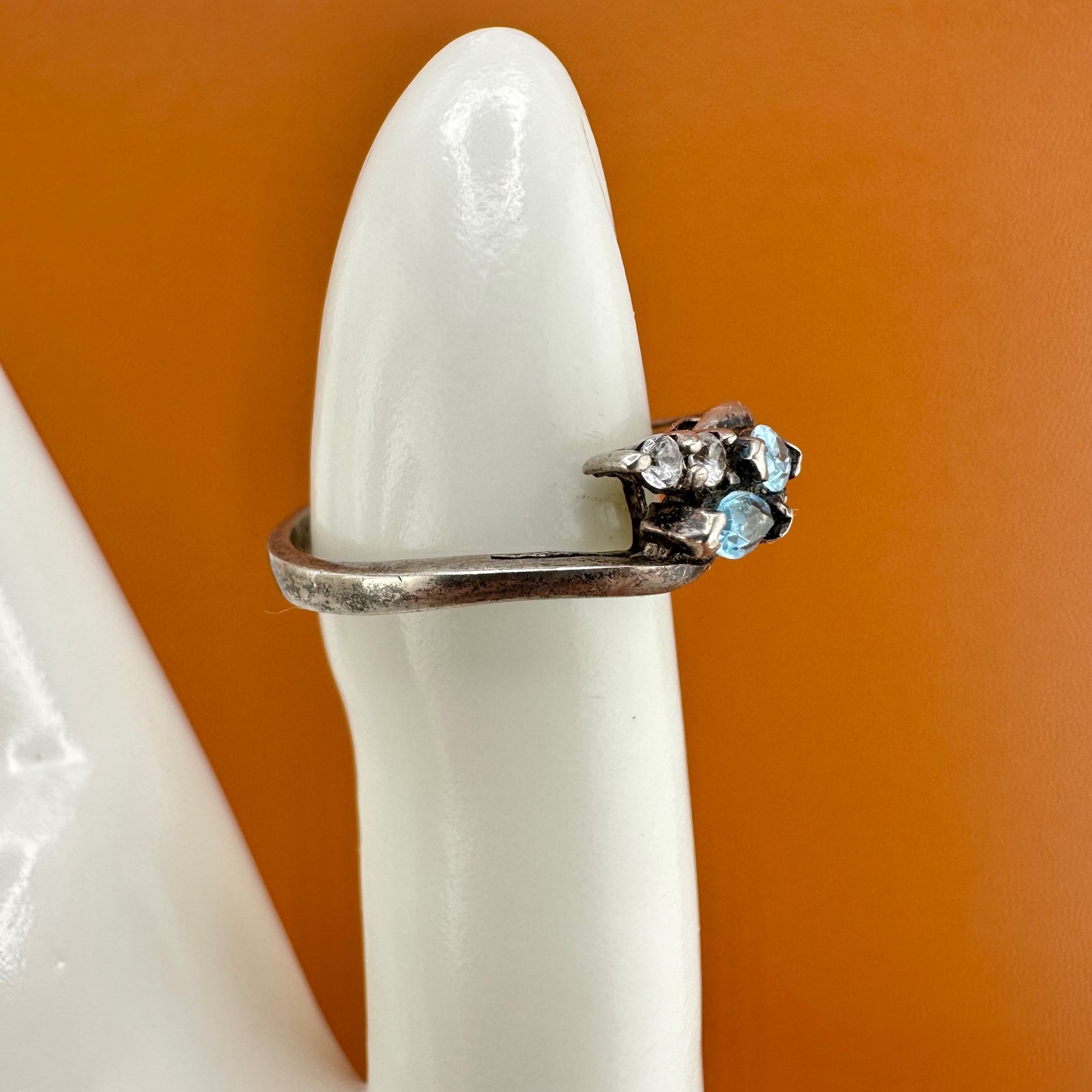 Vintage Sterling Silver Blue Topaz Ring Marquise Cut Dainty Size 6.75 Signed