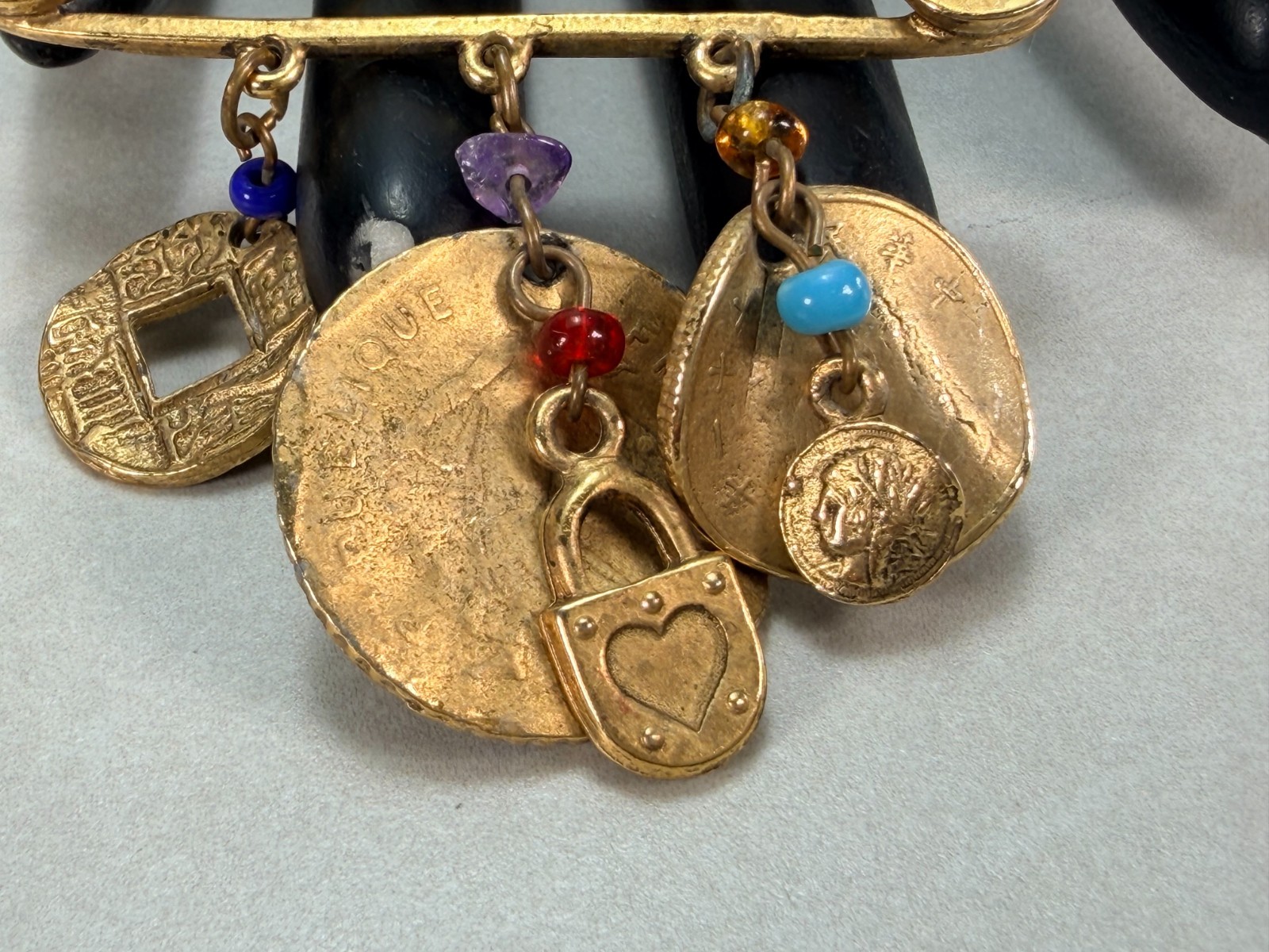 Vintage Brooch Pin Dangling Gemstone Crystal Coins