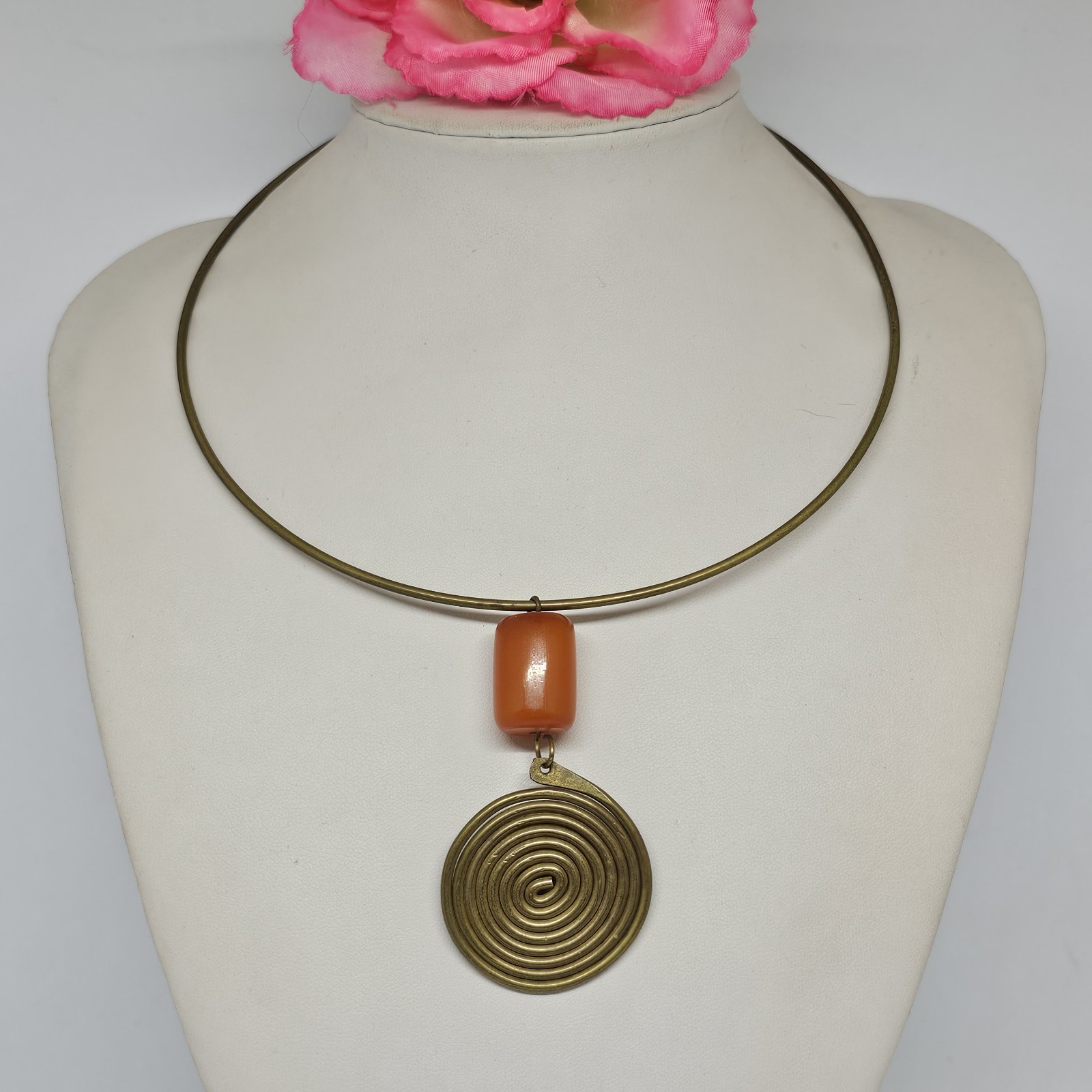 African Amber Brass Spiral Pendant Necklace Butterscotch Phenolic Resin Tribal