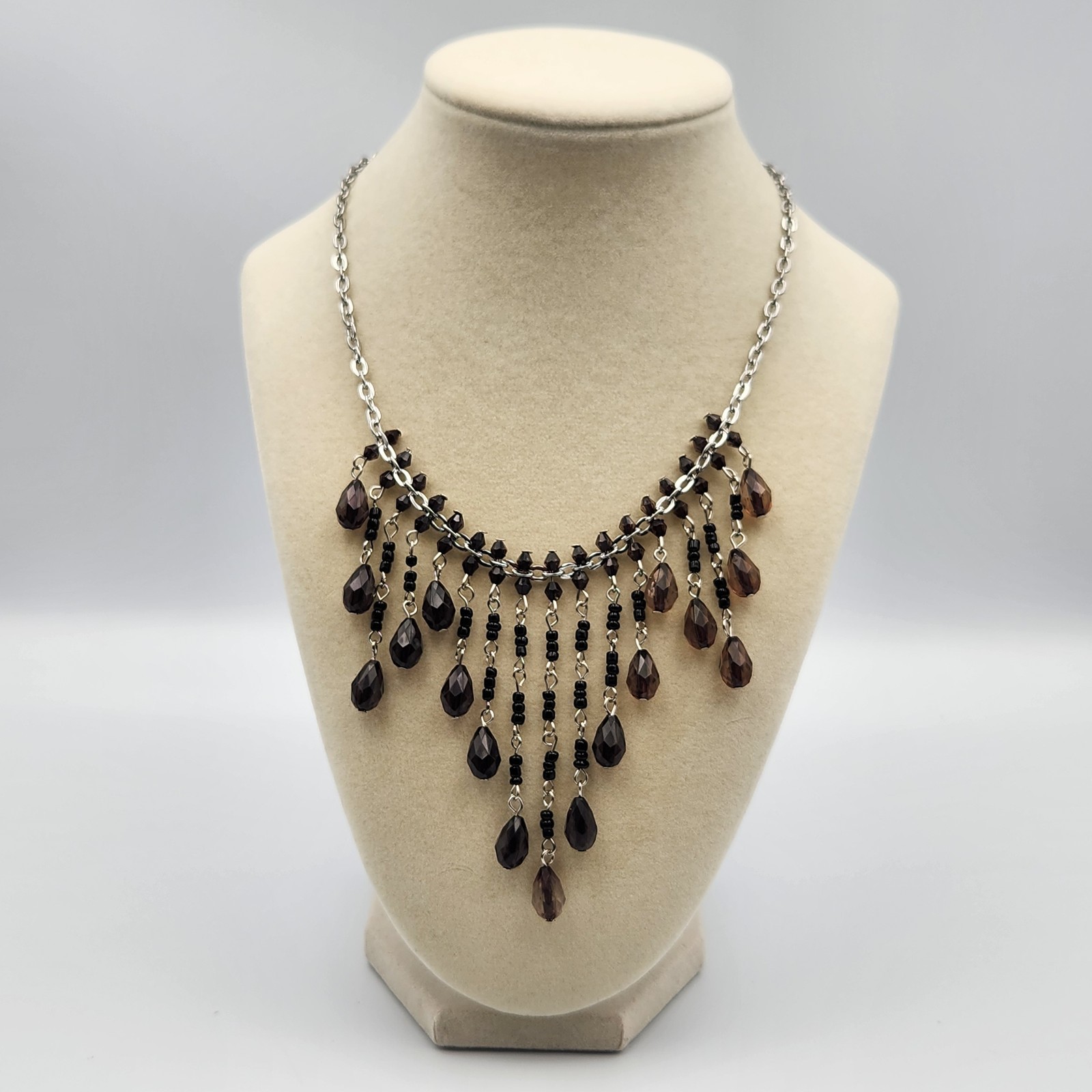 Vintage Style Silver Tone Chain with Black Rhinestones Beads Bib Necklace
