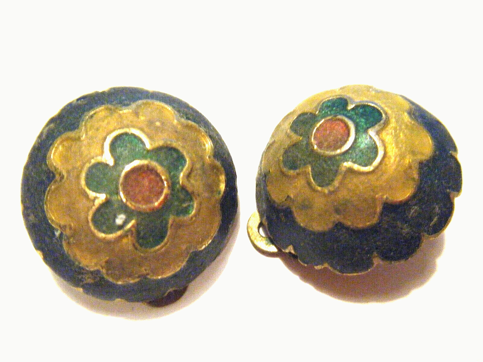 Gold Tone Vintage 70s Orena Paris France Domed Enamel Floral Clip On Earrings
