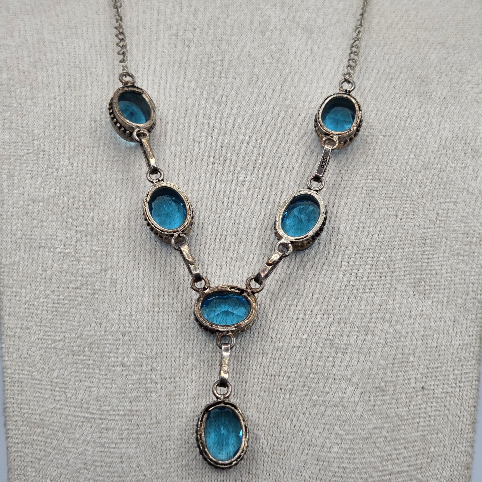 Stunning Vtg 925 Sterling Silver Blue Glass Festoon Y-Necklace 20″+ 1.5″ Drop