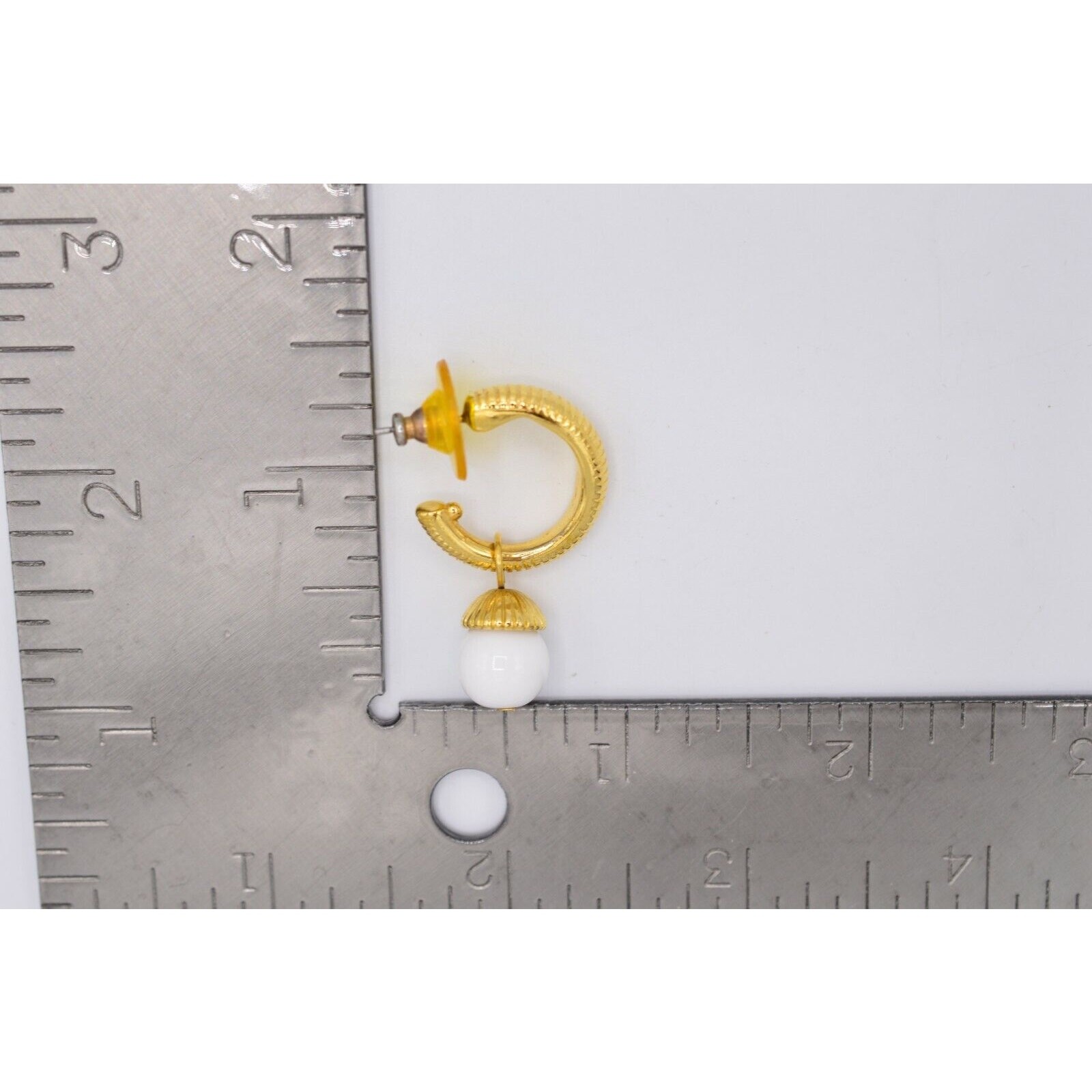 Vintage Hoop Drop Earrings Gold White Bead Pearl Dangle Pierced NOS 1980s BinX