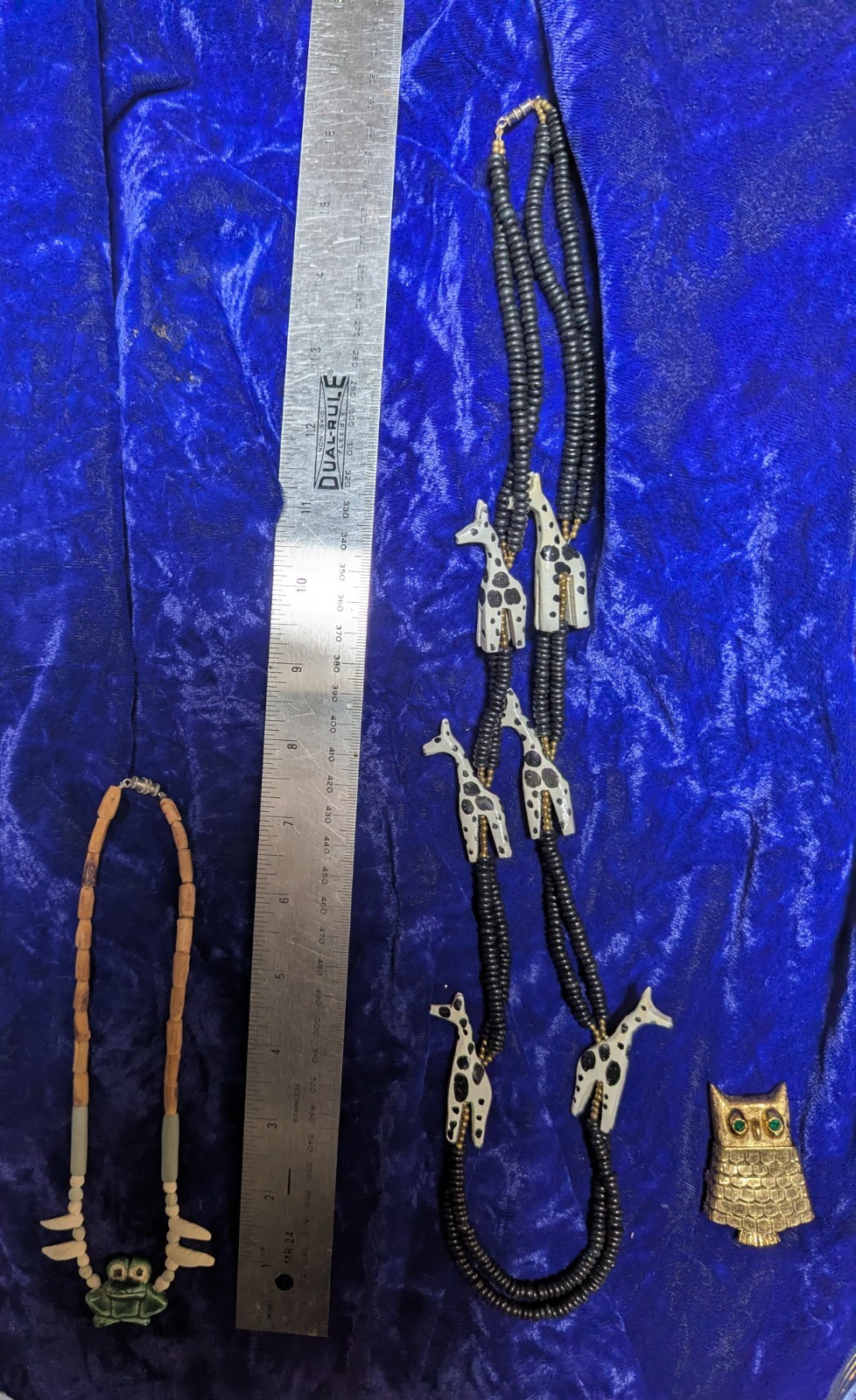 African Wood Giraffe And Bead Hand Made Ceramic Frog Necklaces. Avon Owl Brooch