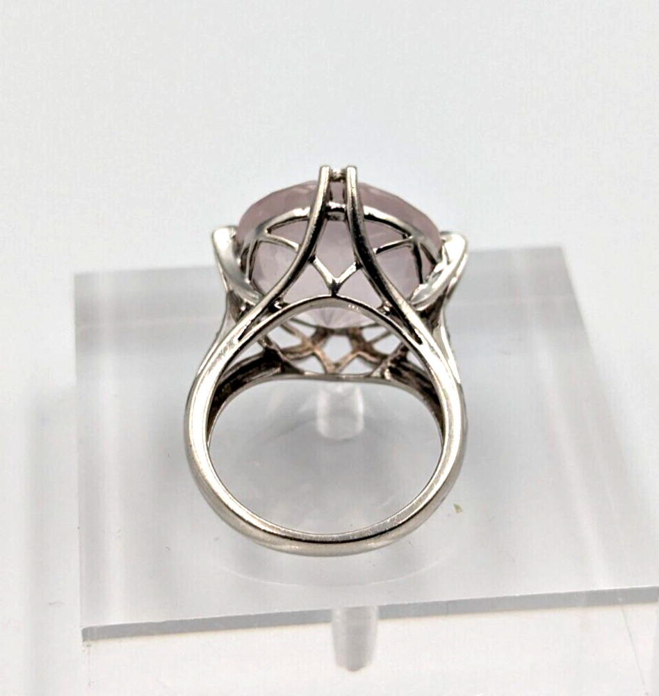 Sterling Silver 925 Checkerboard Cut Pink Chalcedony Clear Topaz Ring Sz 6