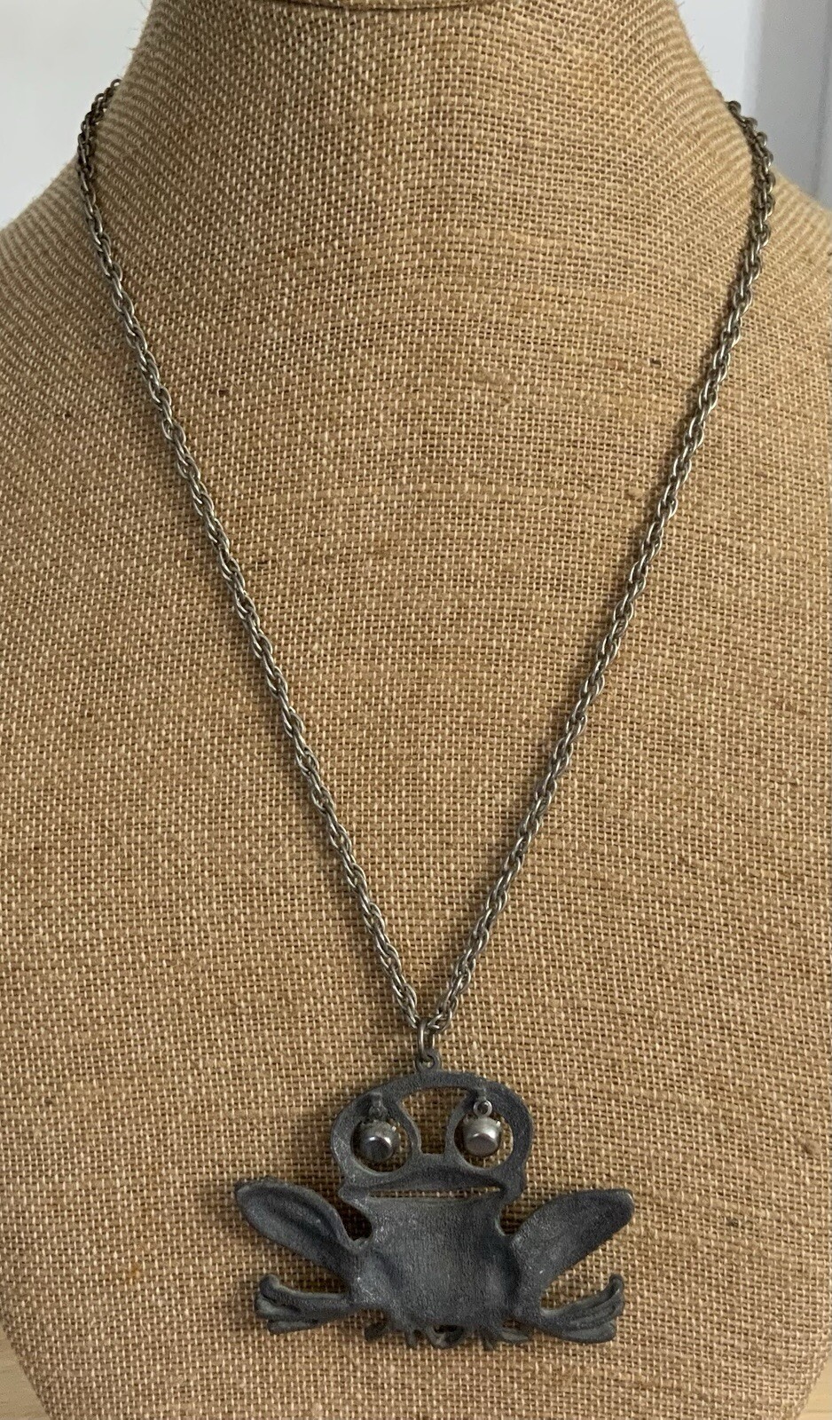 Vintage, Gray Metal Frog Pendant W/ White Rhinestones Articulate Eyes, Necklace