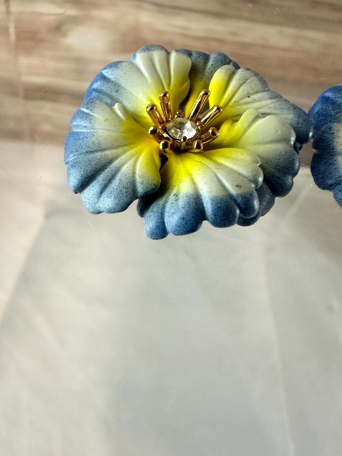 Joan Rivers Periwinkle Pansy Flower Brooches Blue & White Enamel Petals Pair