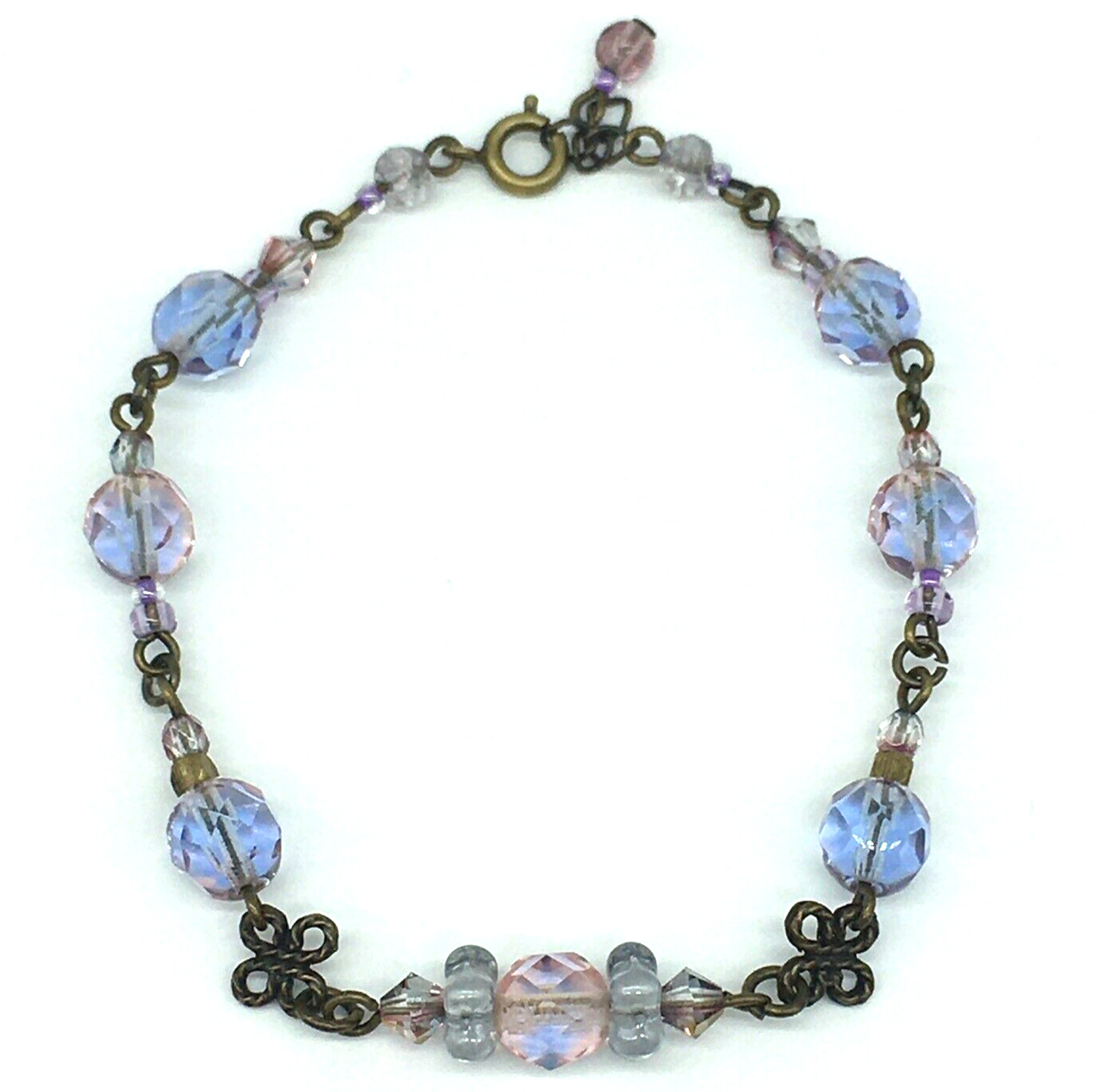 Blue Violete Pink Bead Bracelet Handmade Dark gold tone hardware dainty