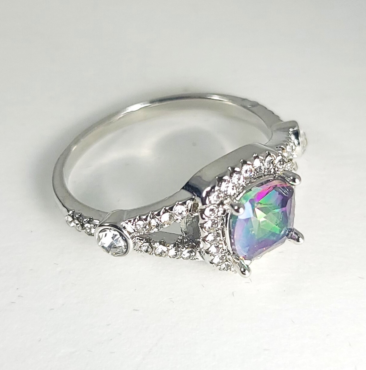 Square Cushion Cut Mystic Topaz Lab Created Diamonds Surrounding Ctr Eng Ring