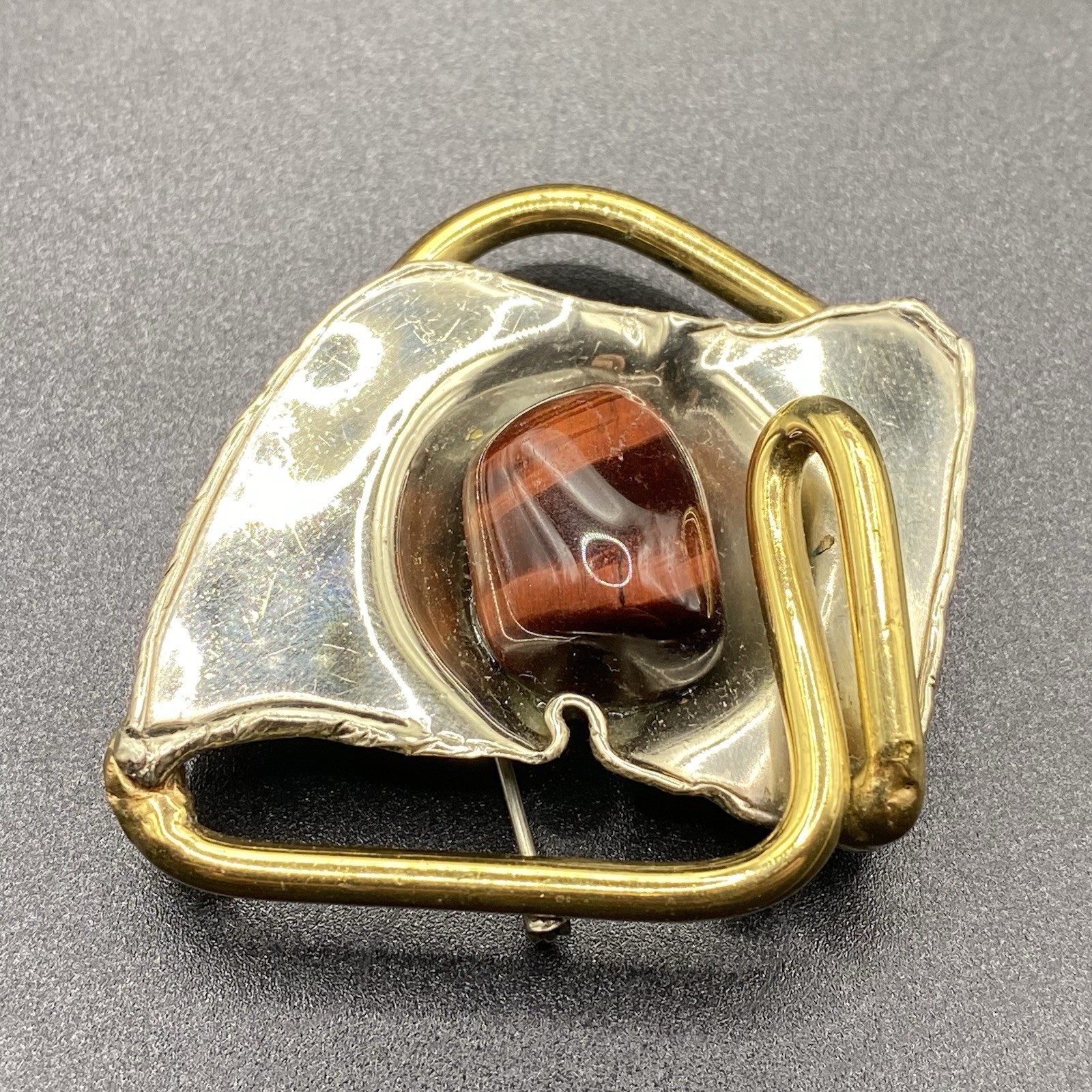 Vintage Brutalist Agate Brooch Abstract Two Toned