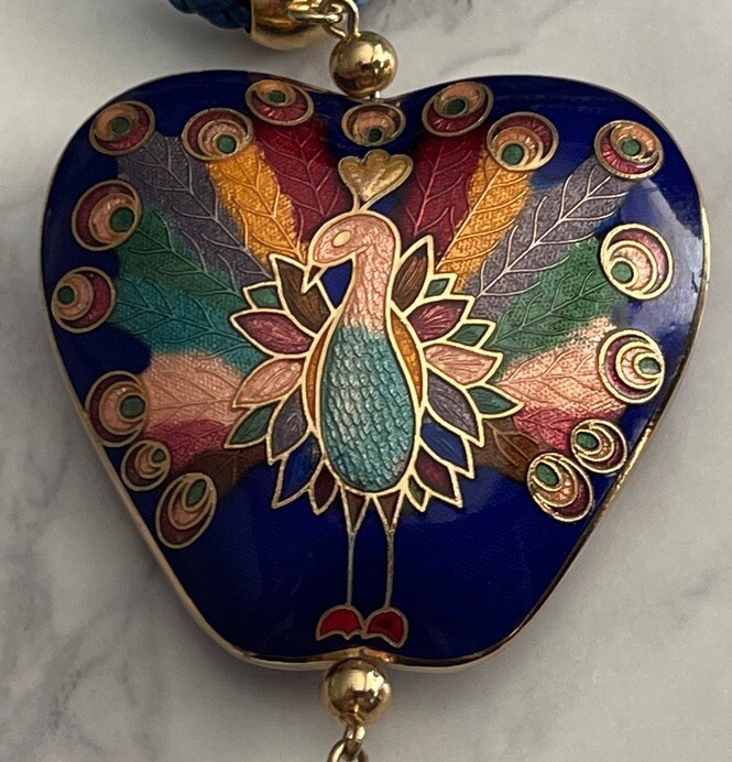 Blue Cloisonne Double Sided Peacock Pendant Necklace Tassel MM-39
