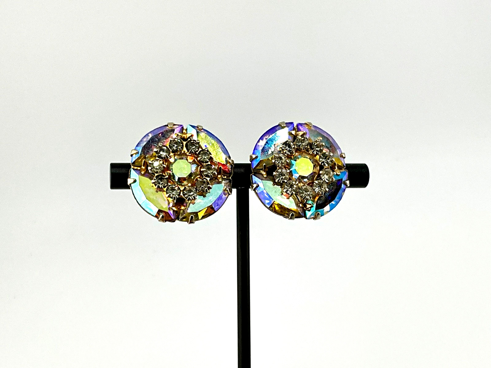 Vintage Aurora Borealis Crystal Earrings Mid Century Hollywood Regency Glam