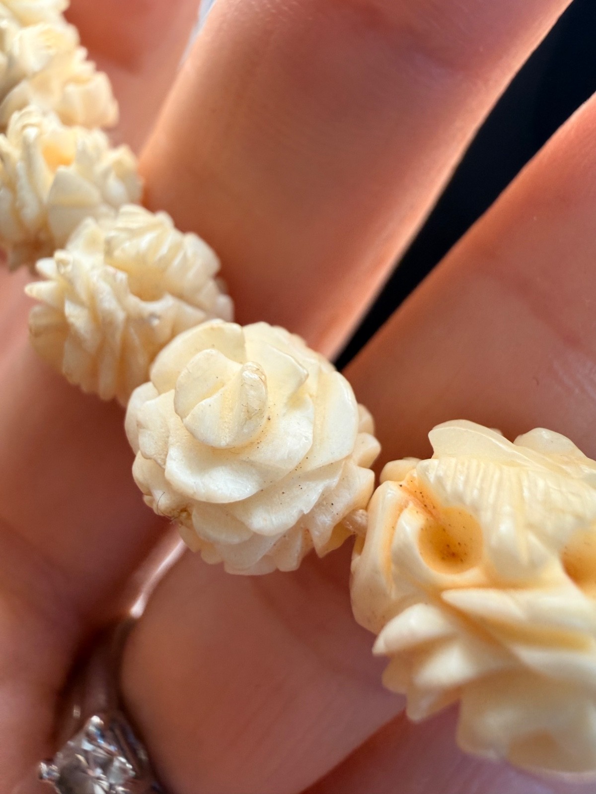 vintage Chinese export hand-carved bovine bone rose necklace, circa 1920-40