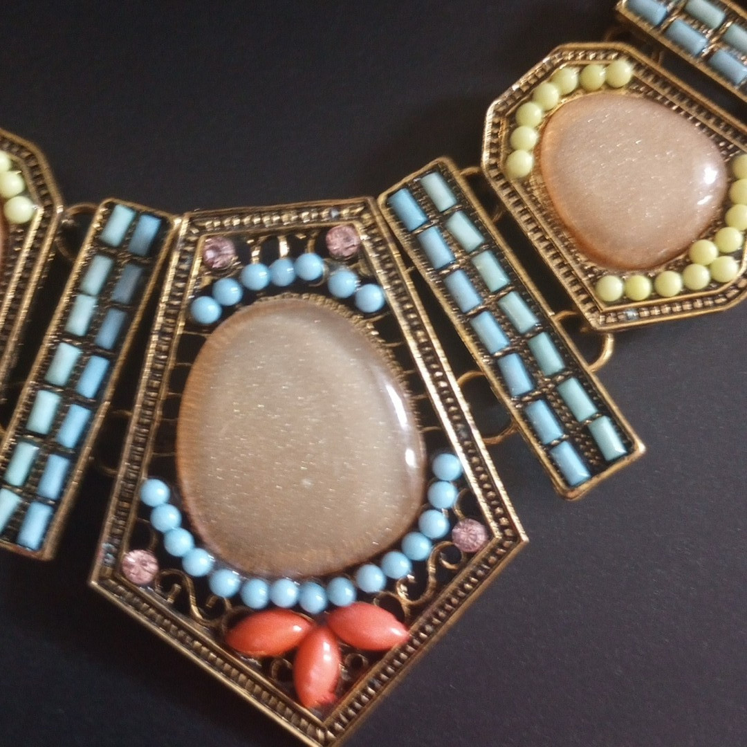 Vintage Multicolor Collar Bib Necklace Pastel Mosaic Bead Design Approx 19″ EUC