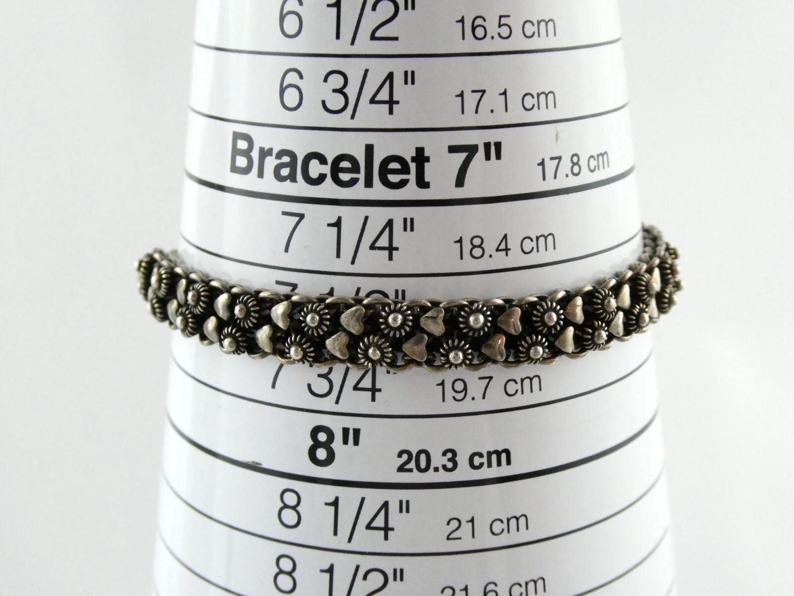 Vintage Hearts and Flowers Pattern Chain Bracelet 925 18.7g 7.5 Inch Length