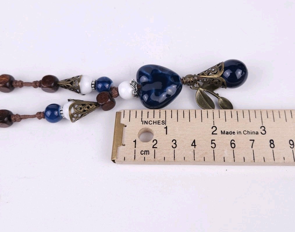 Blue Ceramic Heart White Wood Brown Beaded Corded 26″ Necklace