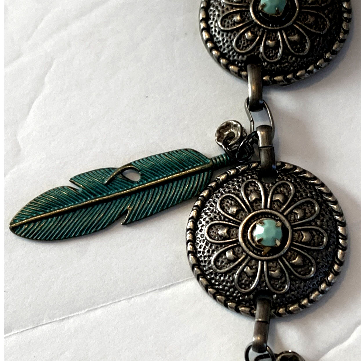 Vintage Southwestern Necklace Patina Feather Concho Talisman White Acrylic Boho