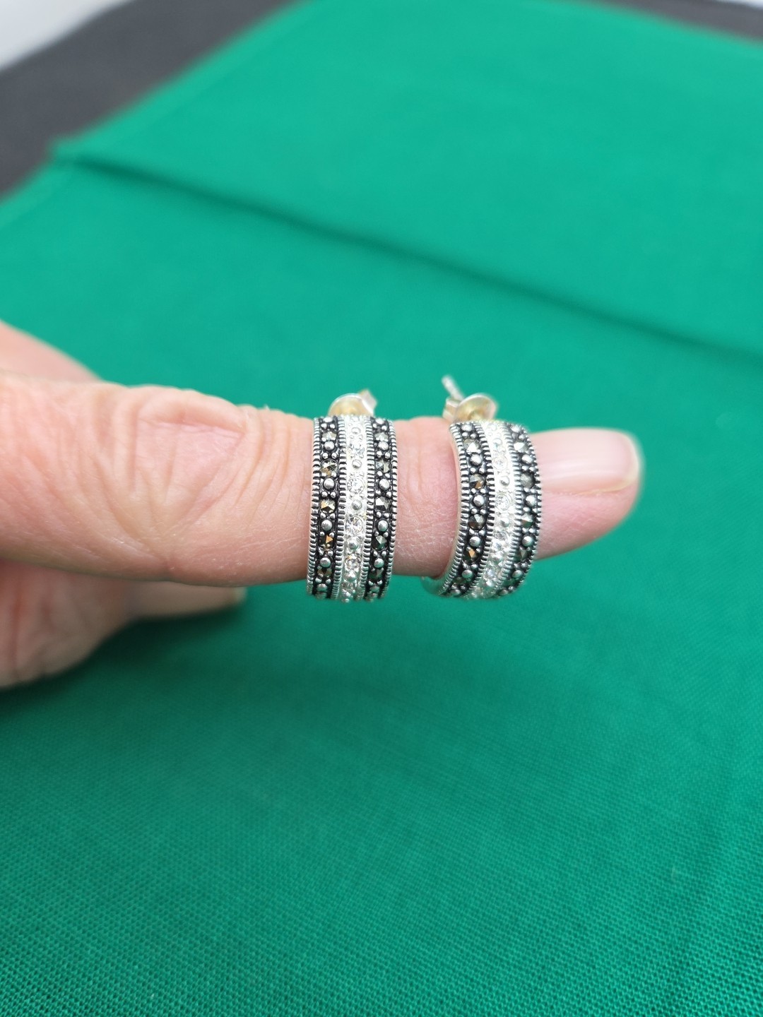 Vintage CW Earrings – Silver, Marcasite & Black
