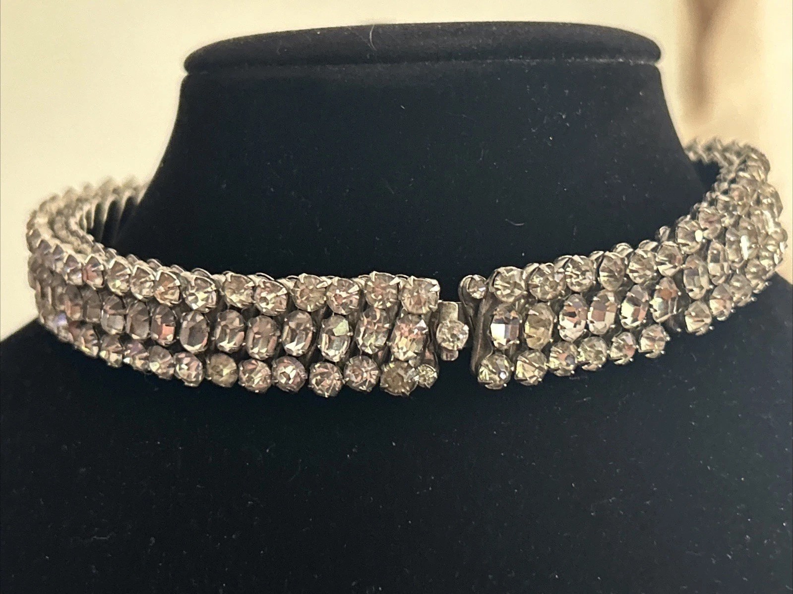 VTG 60s Rhinestone Stretch Expansion Trio-Cut Estate NECKLACE Statement 12.5 in