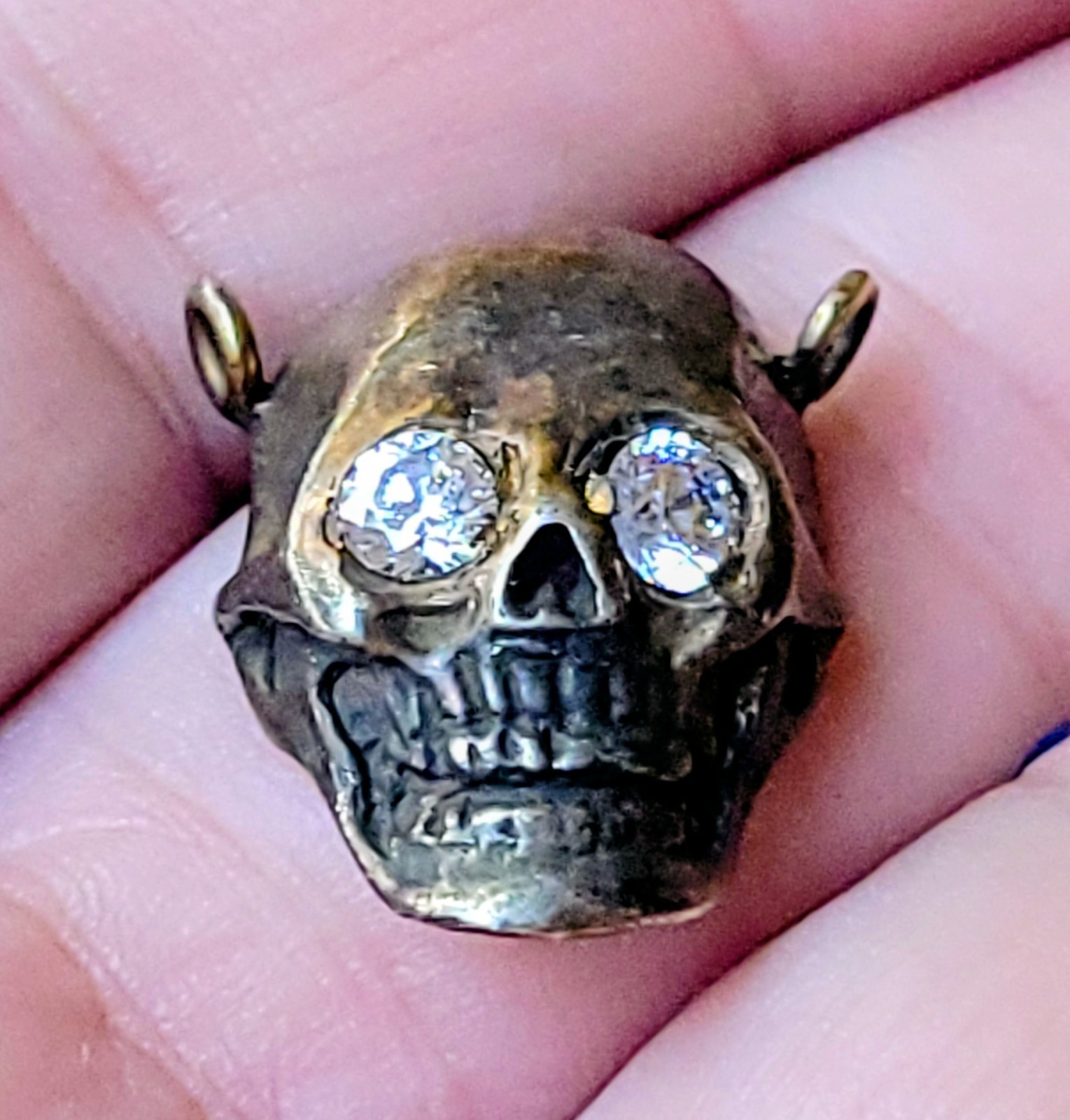 Vintage SKULL Pendant w Gem Eyes Gold On Sterling Silver Jeweled FANTASTIC