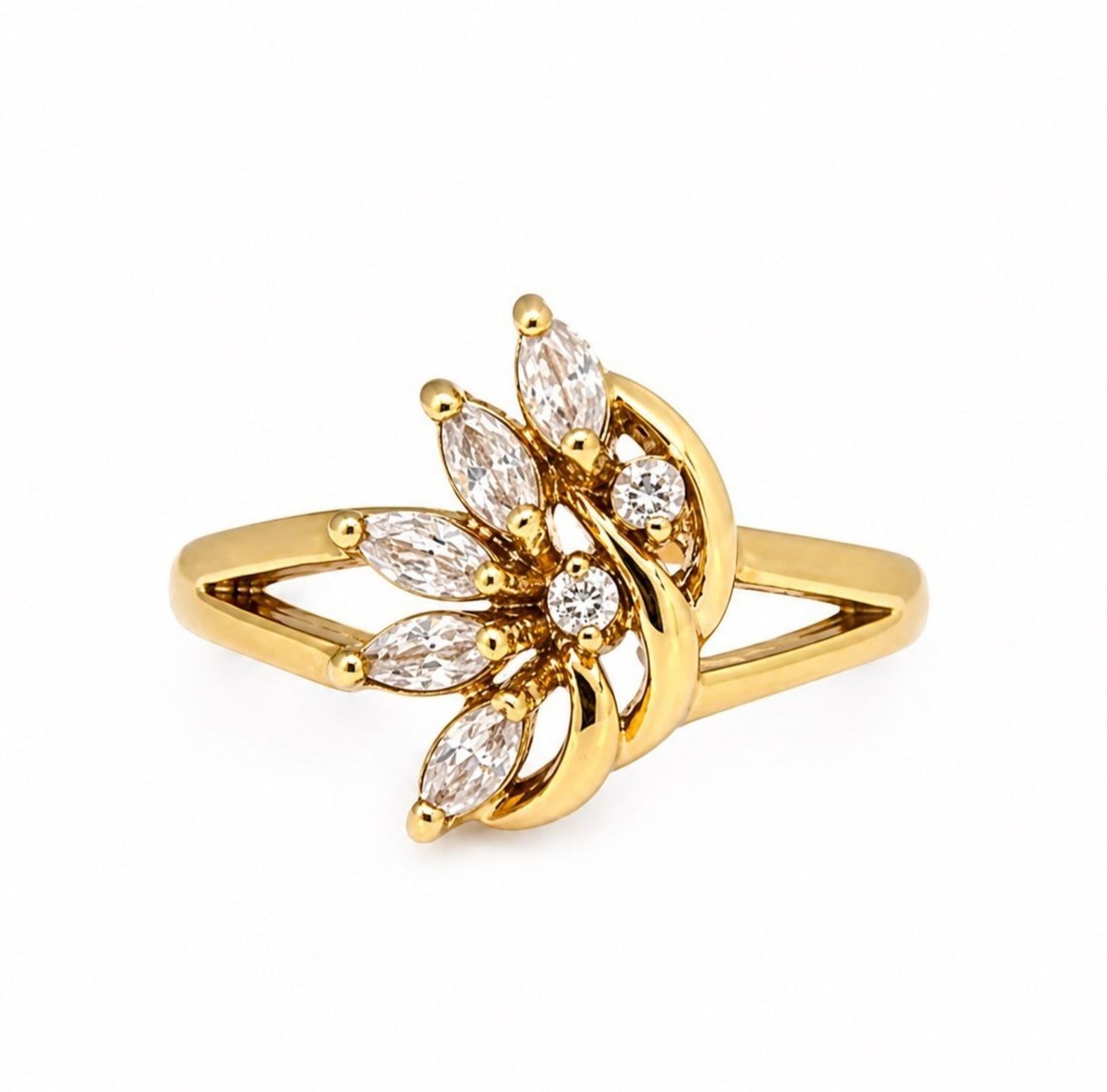 Vintage 1970s Ring Size 7 CZ Cluster Marquise Prong Set Gold Plated – 14I