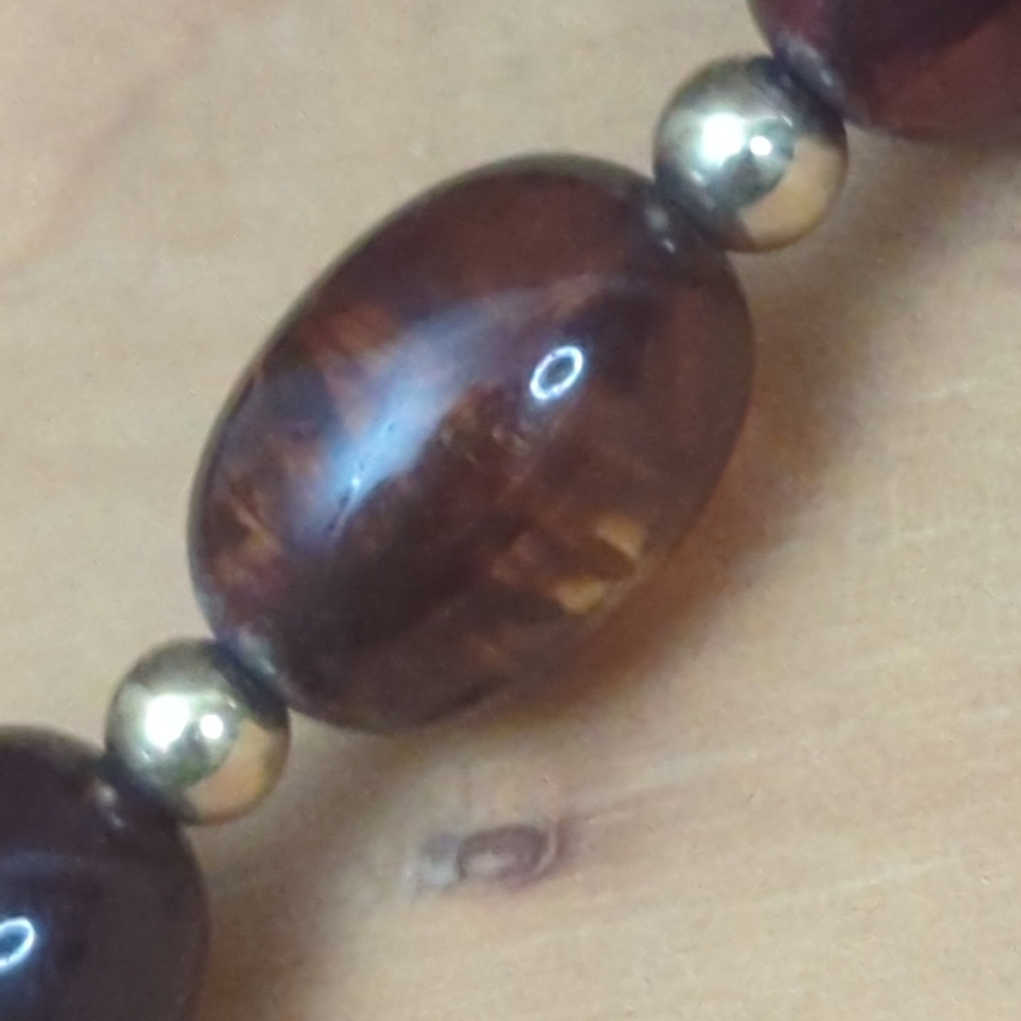 Vintage Avon Cognac Faux Amber Lucite Beaded Necklace Gold Tone Accents