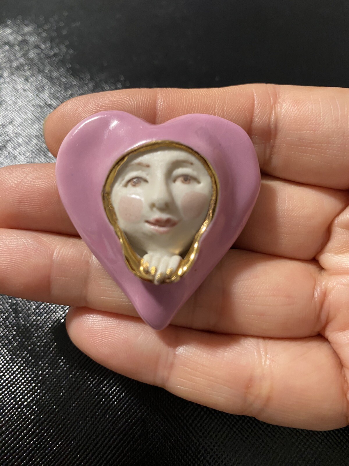 VNTG Clay Heart W/Face Getting Out Of Heart 3-D brooch Art deco Hand Made Sign
