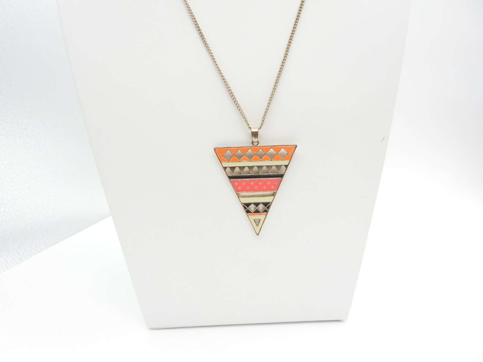 Orange Pink Black Cream Enamel Gold Tone Triangle Pendant Chain Necklace Vintage