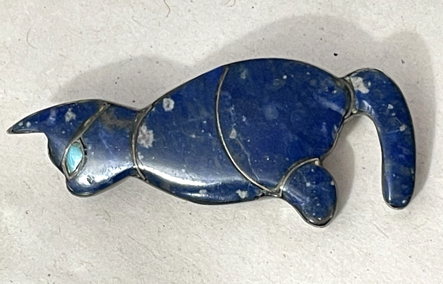 Vintage 980 Silver Lapis Lazuli & Turquoise Cat Brooch 2″ Inlay Cute