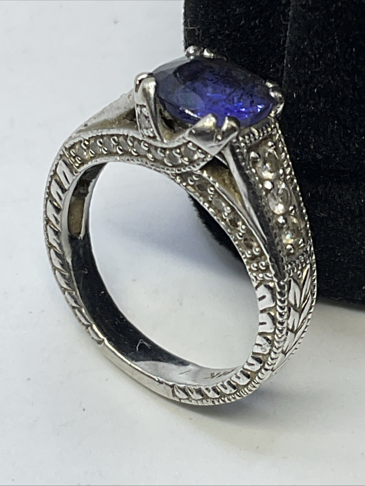 Ladies Ring Solid 14K White Gold Cushion Blue Stone & Diamonds VINTAGE HANDMADE