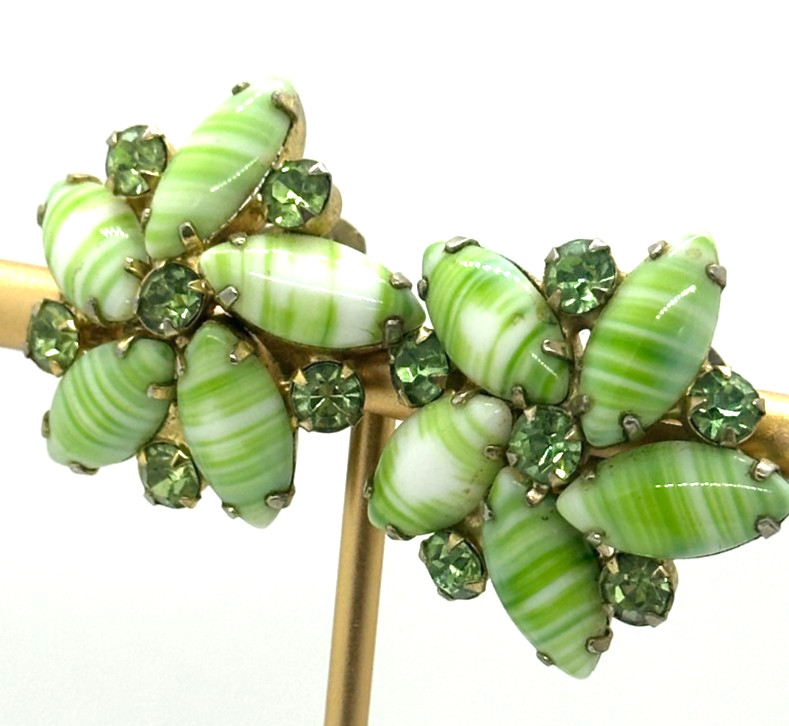 Vintage Green Striped Navette Glass Rhinestone Clip On Earrings Floral Cluster