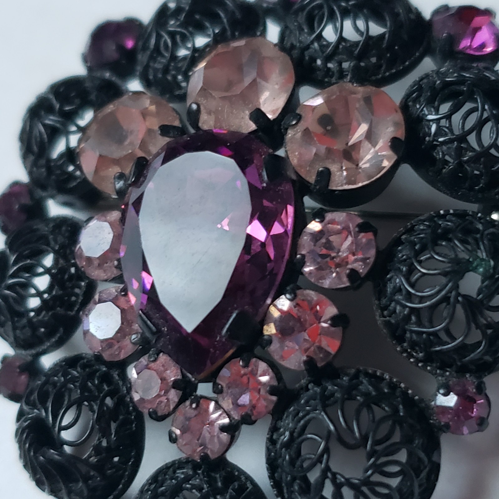 Vtg Filigree Brooch Purple Teardrop Stone Pink Mid-Century Japanned Gunmetal