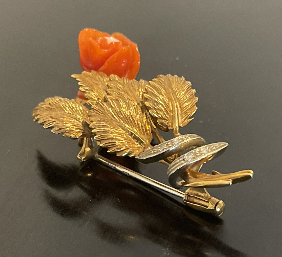 18K Solid Yellow White Gold Viennese Coral Carved Rose 1.75” Long 10.43g