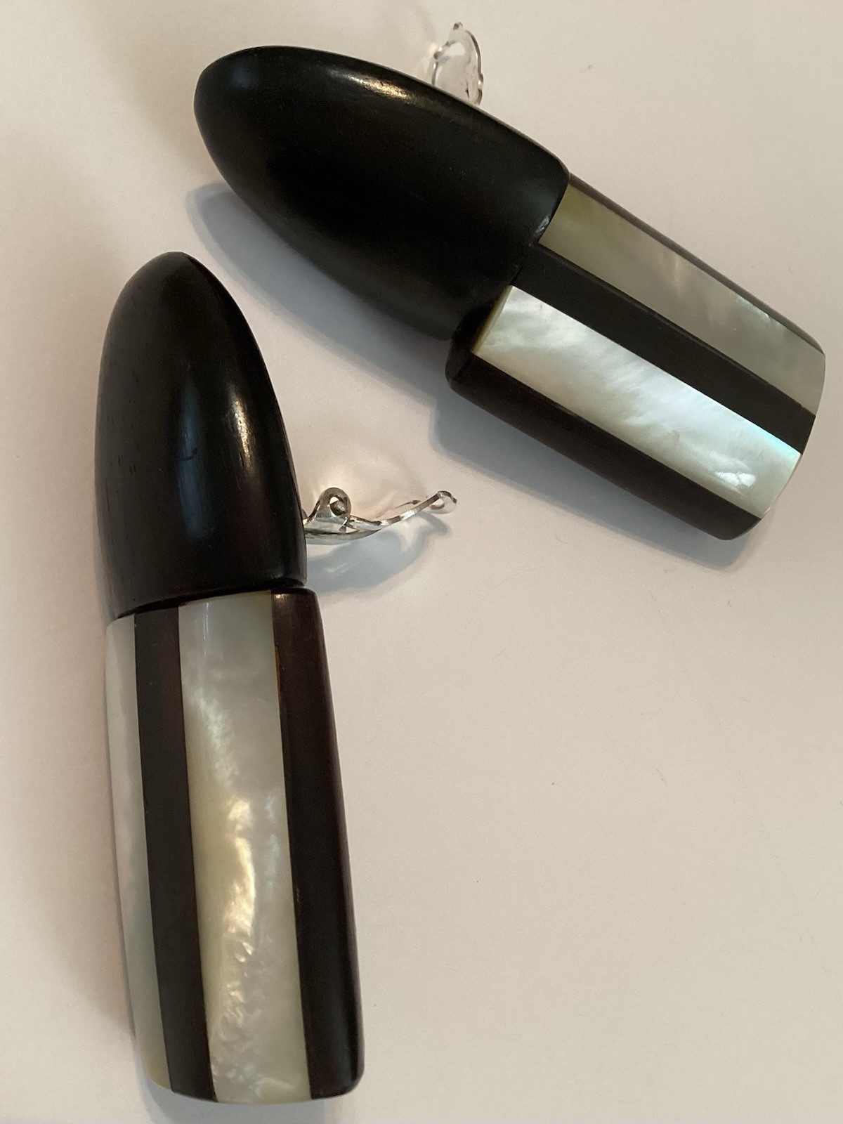 Amazing VTG Modernist Brutalist Mother of Pearl Wood Clip Earrings Monies Style