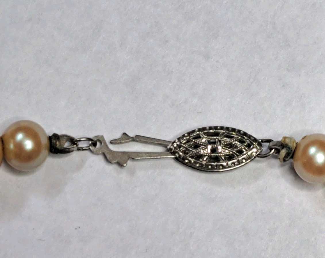 Vintage Hand Knotted Pearl Necklace 925 Sterling Silver Marquise Filigree Clasp