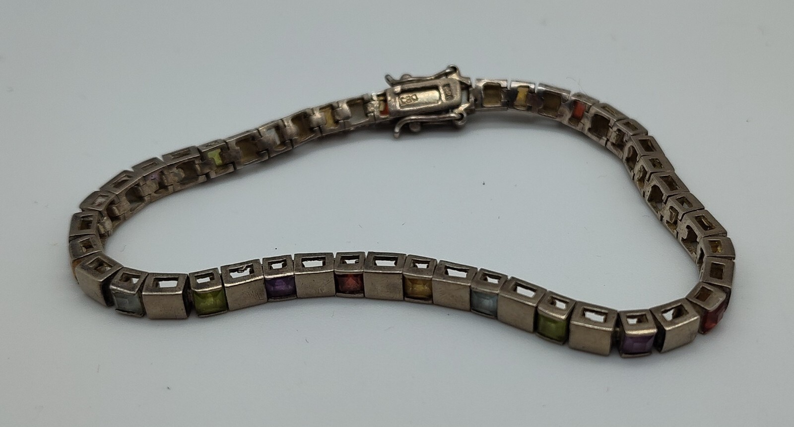 Vintage Modern Square Colorful Stone Mod Link Bracelet Sterling Silver 925 DBJ