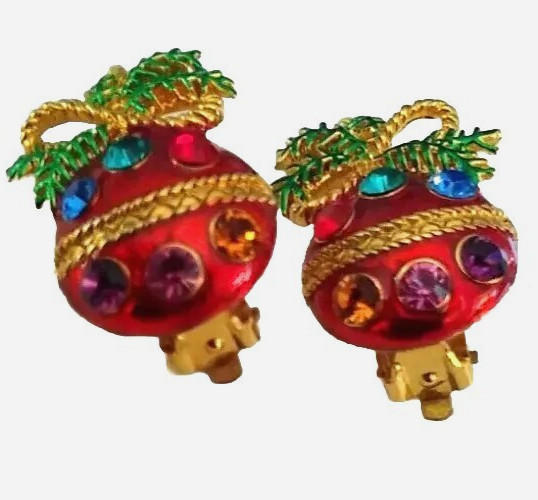Vtg Christmas Earrings ornaments Gold Green Red Enamel Clip On colorful glass