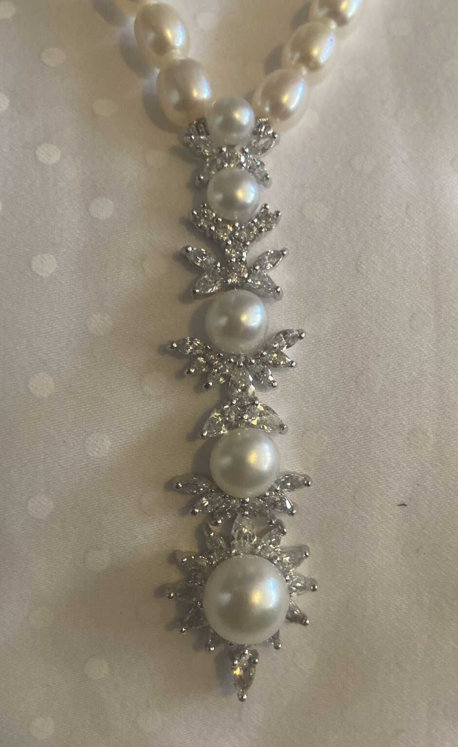 White Pearl Necklace With Cz Drop CGI CN STRAND Necklace 16″ 3 Extender