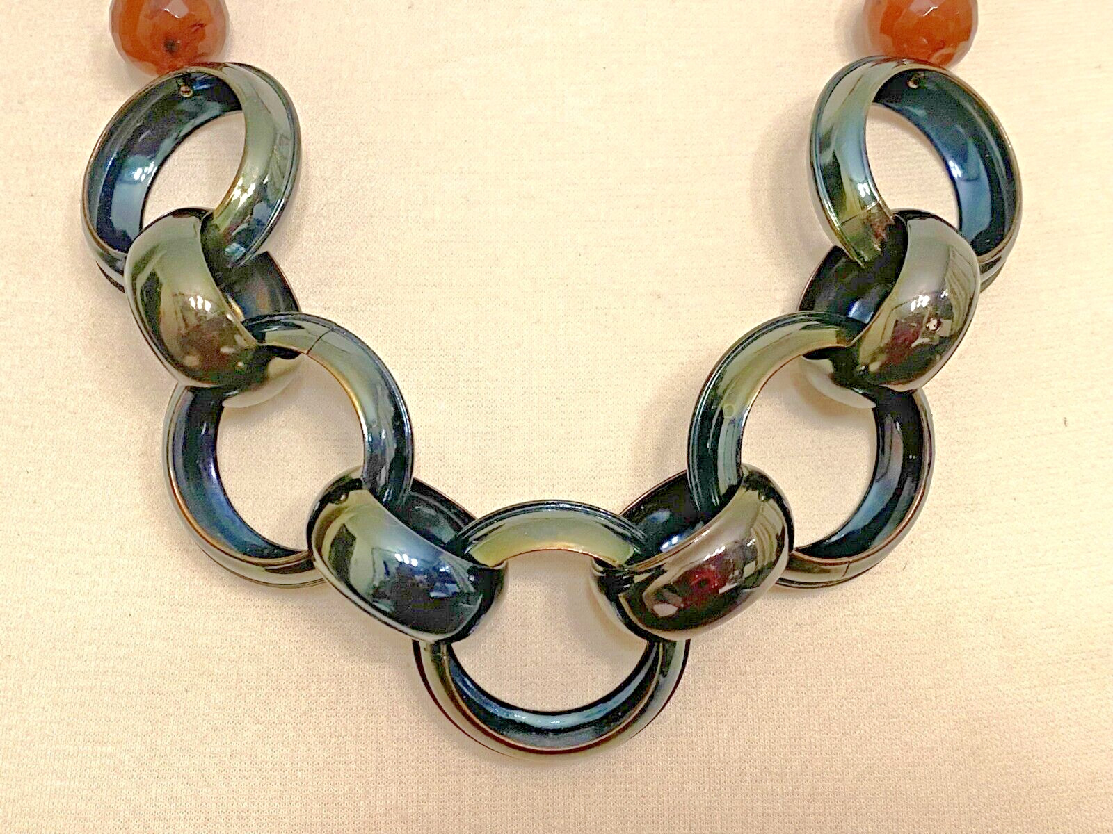 Vintage Brown Resin & Green Metal Chain Necklace