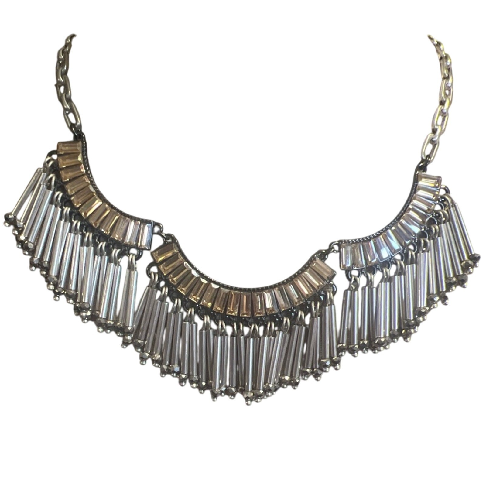 Stella & Dot Twilight Fringe Necklace Silver Tone Baguette Rhinestones Classic